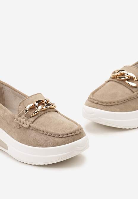 Ciemnobeżowe Mokasyny z Łańcuszkiem na Wysokiej Platformie Iracana