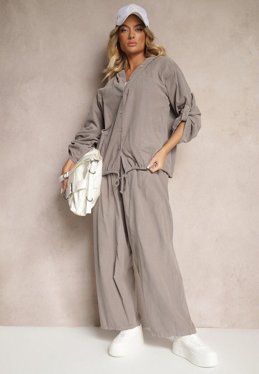 Szara Koszula z Bawełny o Luźnym Kroju z Kapturem i Ściągaczem Felanira