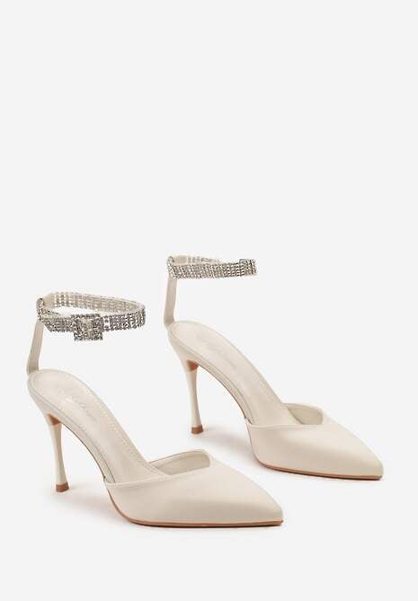 Jasnobeżowe Szpilki z Paskiem Wokół Kostki Zdobiony Cyrkoniami Faeillna