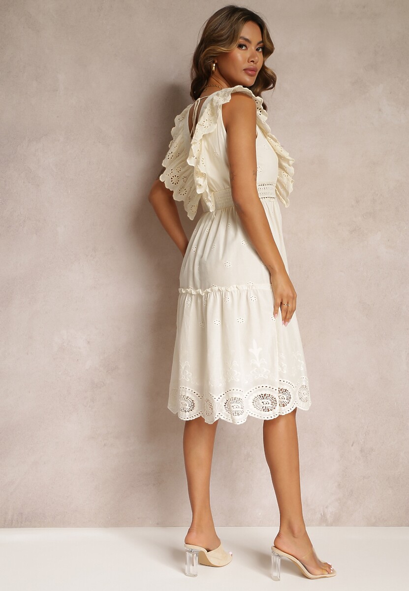 Beżowa Bawełniana Sukienka z Haftem i Falbankami Casira