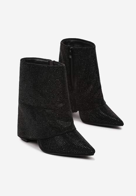 Czarne Eleganckie Botki z Cyrkoniami na Wywiniętej Cholewce Emiviraea