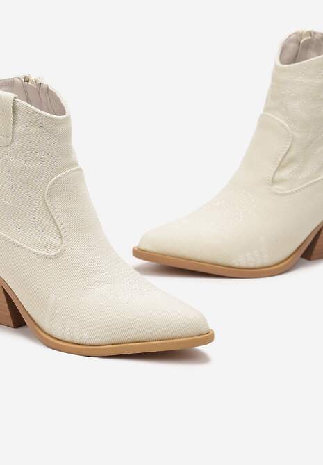 Beżowe Botki Kowbojki na Słupku z Przeszyciami Weava