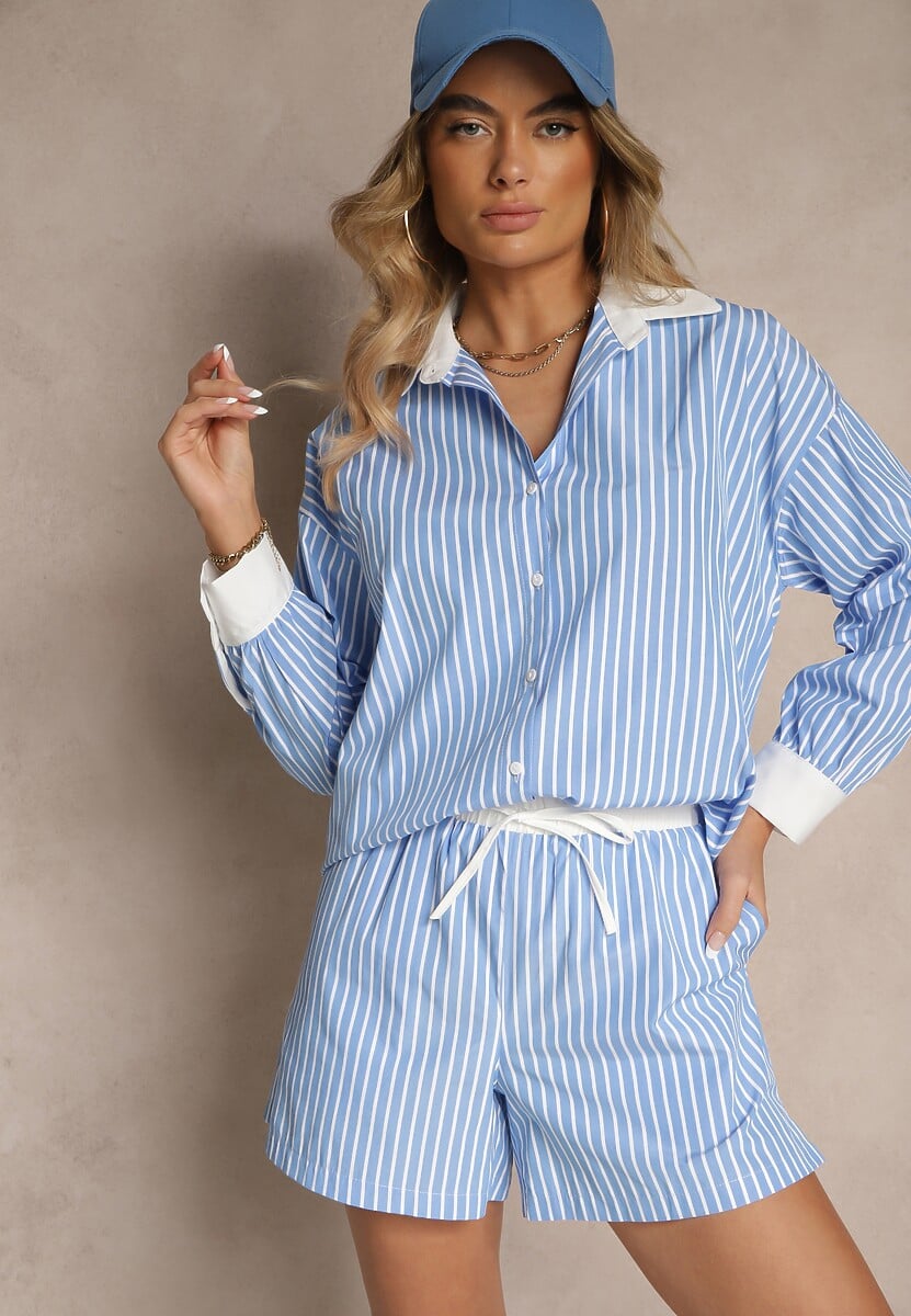 Niebieskie Szorty High Waist Ozdobione Sznurkami i Paskami Kinthea