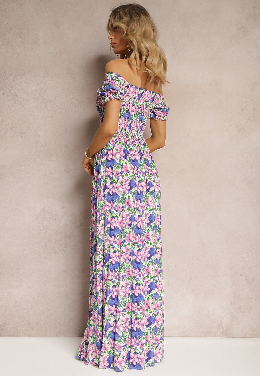 Fioletowo-Zielona Hiszpanka Sukienka o Rozkloszowanym Kroju i Gumkami przy Dekolcie Kaseria