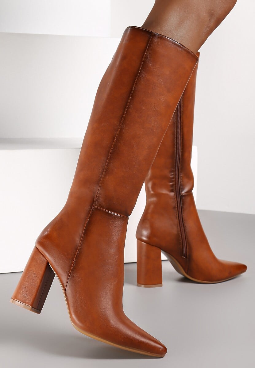 Brązowe Kozaki na Obcasie ze Szpiczastym Noskiem Geldona