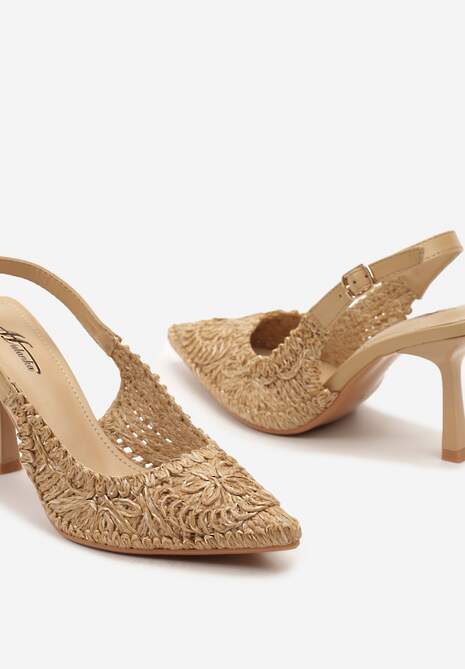 Ciemnobeżowe Sandały na Szpilce Zapinane na Sprzączkę przy Kostce z Plecionką Mirava