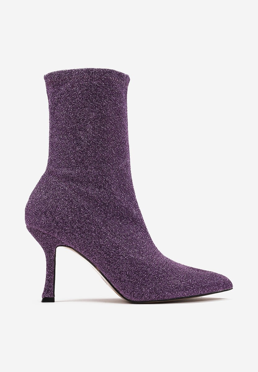 Fioletowe Skarpetkowe Botki na Szpilce z Elastycznego Materiału z Brokatowym Połyskiem Sulcia