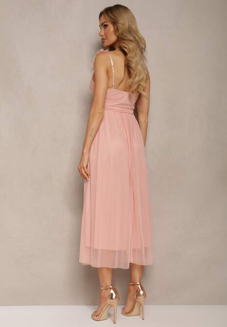 Różowa Rozkloszowana Sukienka na Ramiączkach z Gumką w Pasie z Falbankami Zafara