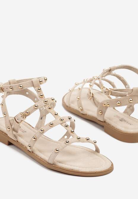 Beżowe Sandały Gladiatorki z Paskami Zdobionymi Nitami Milritia