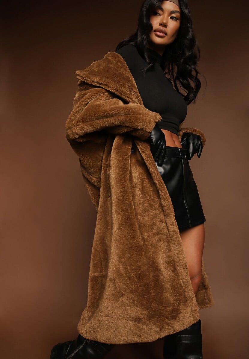 Brązowy Długi Płaszcz Futrzany Nlorre