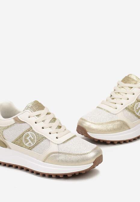 Złote Sznurowane Sneakersy z Brokatem i Siateczką na Grubej Podeszwie Leviria