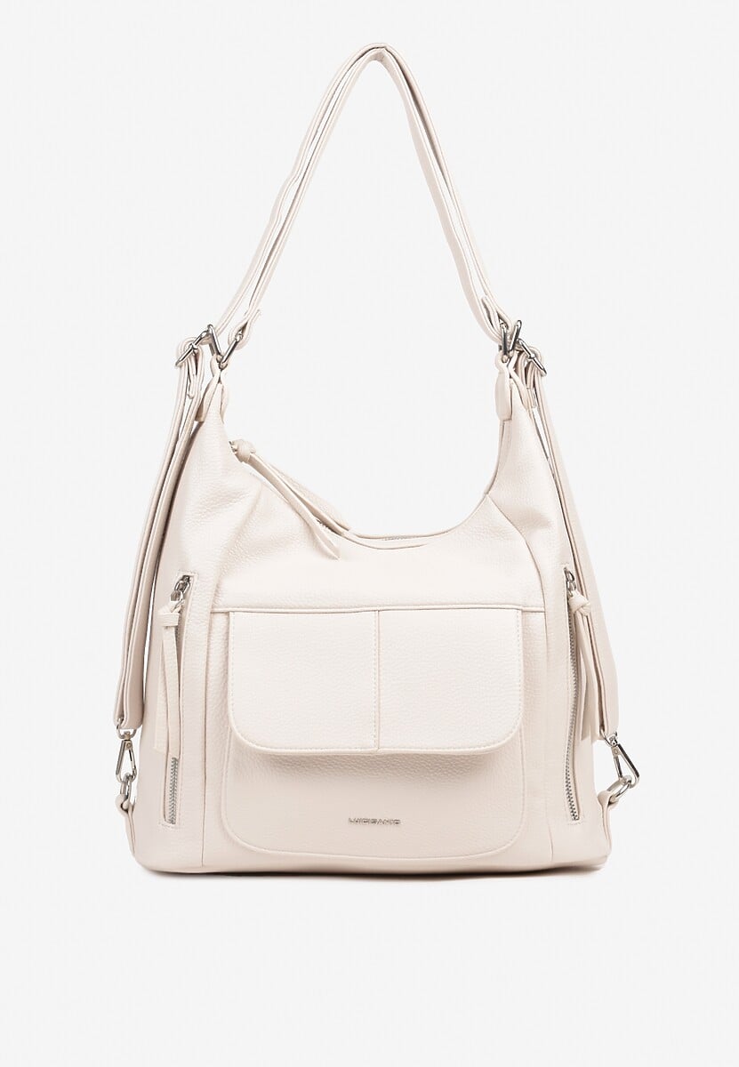 Beżowa Torebka Hobo z Paskiem z Możliwością Regulacji Zdobiona Suwakami Tenina