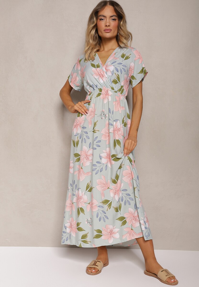 Jasnoniebieska Taliowana Sukienka w Kwiaty z Dodatkiem Bawełny z Kopertowym Dekoltem Navianes