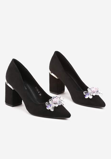 Czarno-Srebrne Czółenka Ozdobione Kryształkami na Słupku ze Szpiczastym Noskiem Isanile