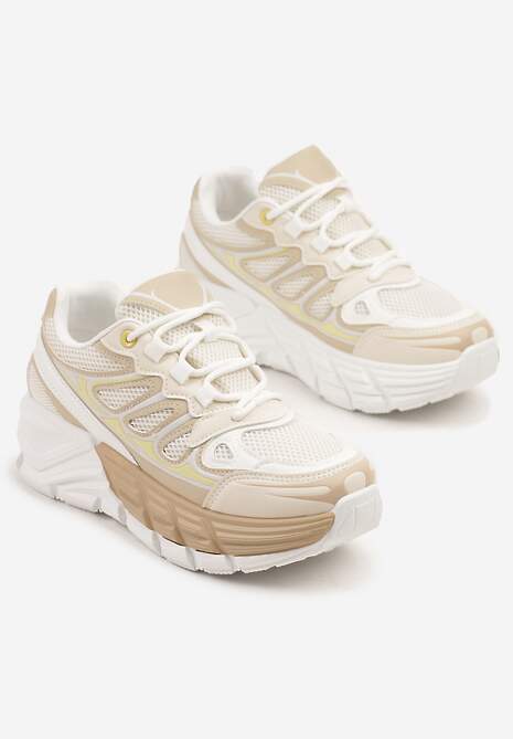 Beżowe Sneakersy Streetwearowe na Tłoczonej Platformie Tertewia