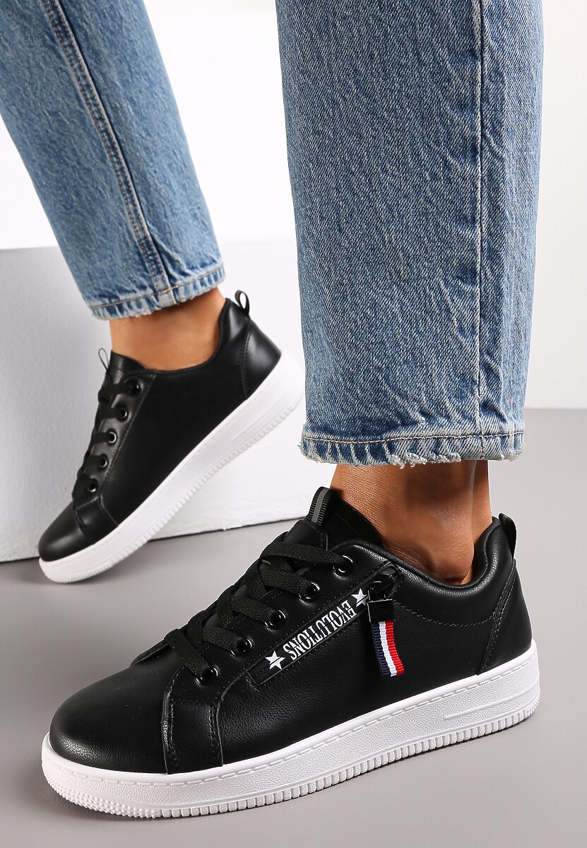 Czarne Wiązane Sneakersy przed Kostkę z Ozdobnym Suwakiem i Naszywką Hypatha