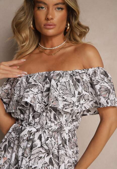 Ciemnoszara Kwiatowa Sukienka Typu Hiszpanka z Bawełną Tiarice