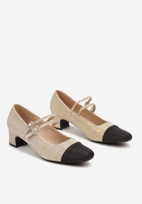 Złote Brokatowe Czółenka na Słupku z Paskami i Sprzączkami Navsia