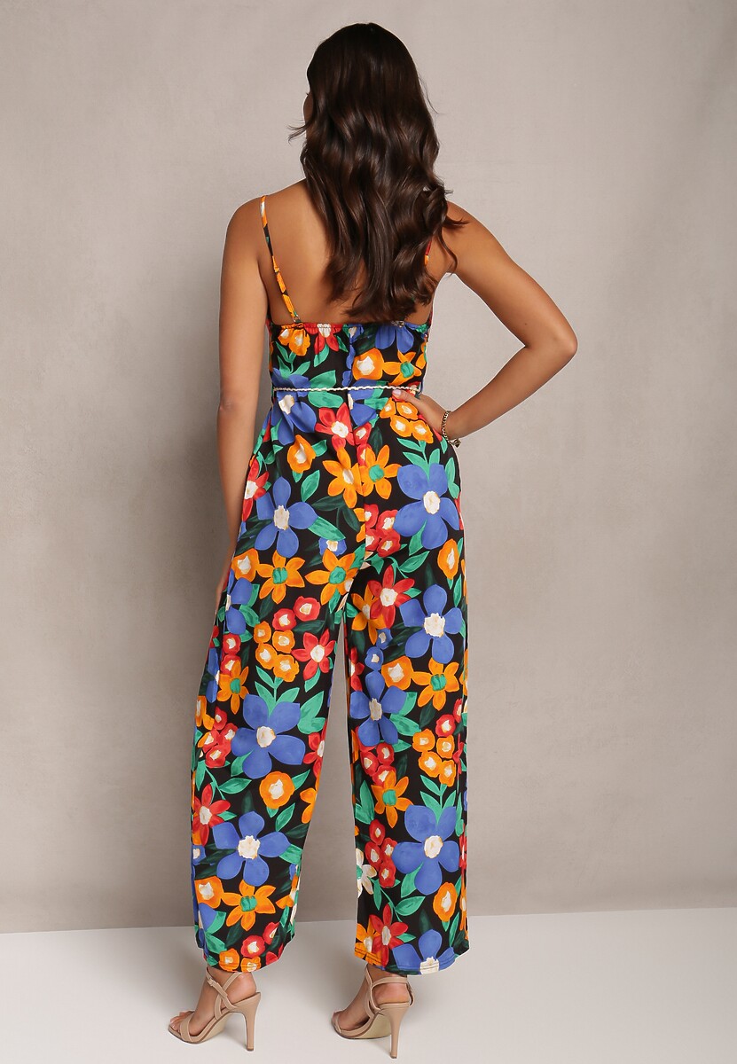 Czarno-Niebieski Kombinezon w Kwiatowy Print na Cienkich Ramiączkach ze Sznurkiem w Talii Angelime