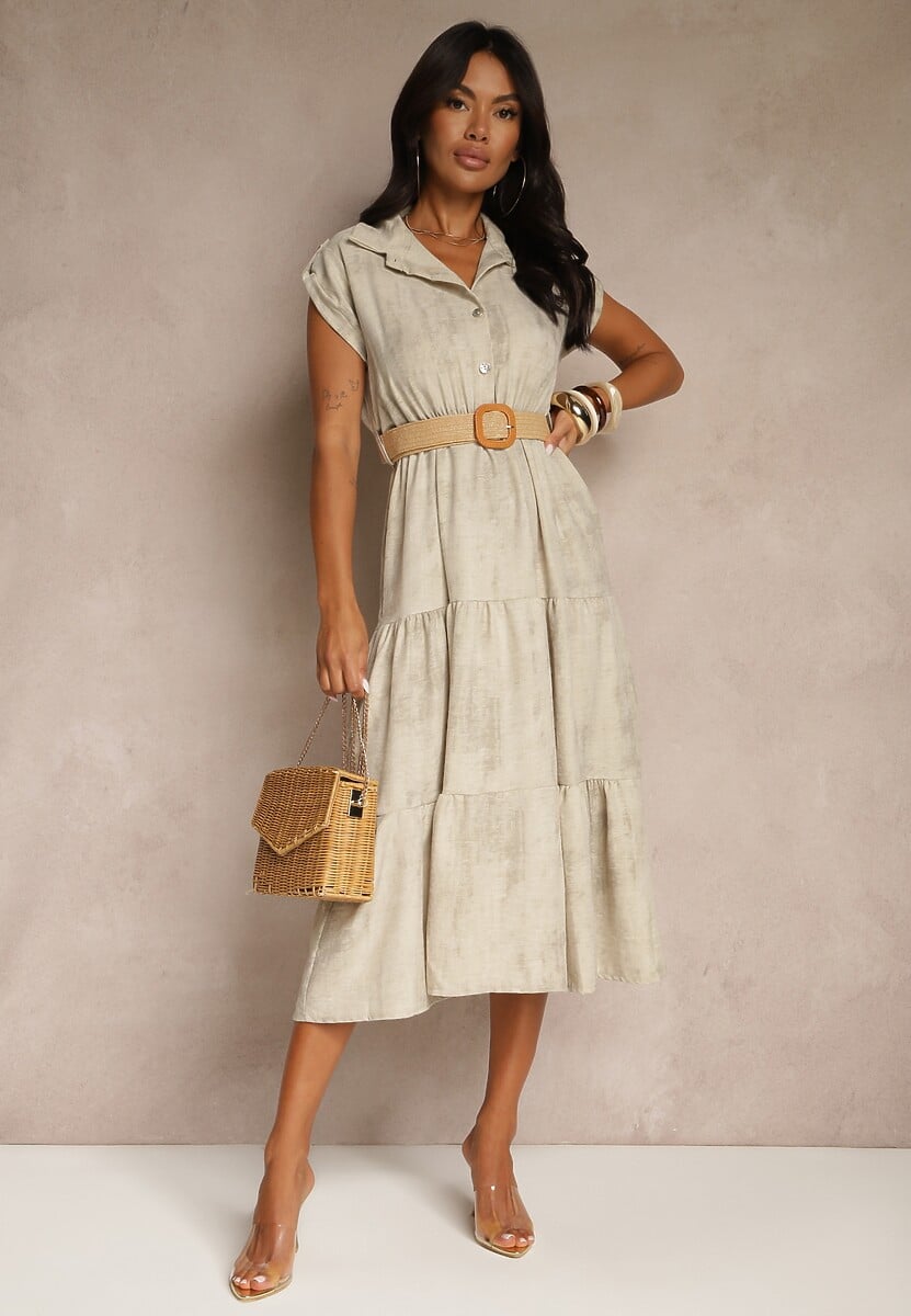 Jasnobeżowa Sukienka z Guzikami i Paskiem z Plecionki Fillona