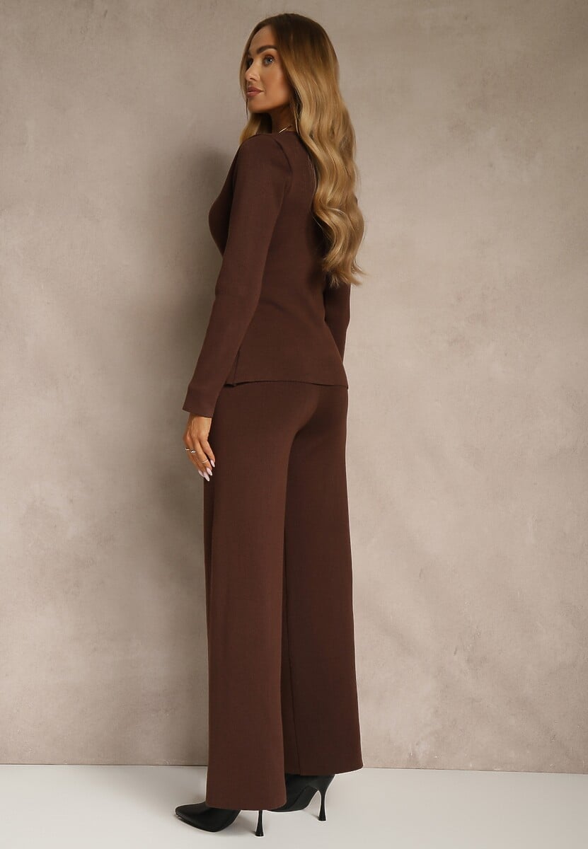 Brązowy Dzianinowy Komplet Szerokie Spodnie z Wiskozą i Kopertowy Sweter Enssa
