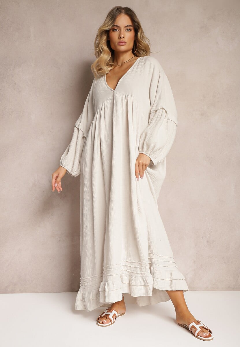 Ciemnobeżowa Muślinowa Trapezowa Sukienka z Bawełny Wykończona Falbaną i Ozdobnymi Rękawami Tanisea