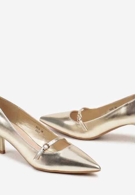 Złote Czółenka Kaczuszki Wykończone Ozdobnym Paskiem z Klamrą Merilorae