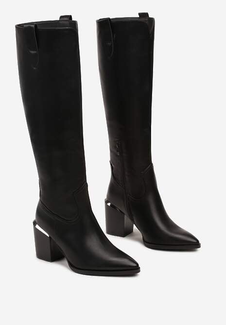 Czarne Kozaki na Słupku Ozdobione Metaliczną Wstawką Serivia