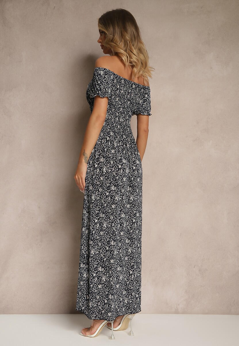 Granatowa Kwiatowa Sukienka z Bufiastymi Rękawami Lumorelle