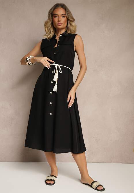 Czarna Sukienka z Wiskozy o Koszulowym Kroju z Ozdobnym Sznurkiem z Frędzlami Lavbia