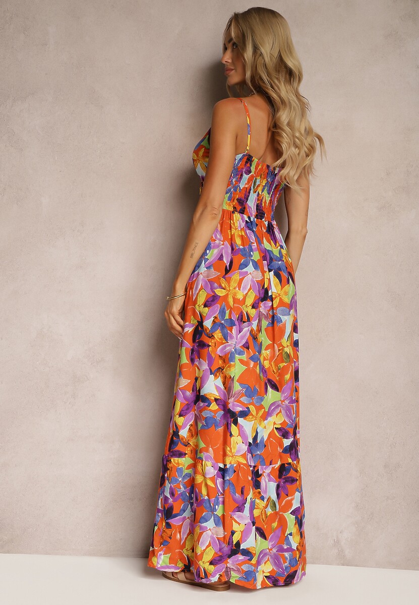 Pomarańczowo-Fioletowa Kopertowa Sukienka z Wiskozy na Ramiączkach i Gumką w Talii Tiamali