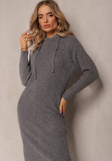 Ciemnoszara Wełniana Sukienka w Prążki z Kapturem Opiuda