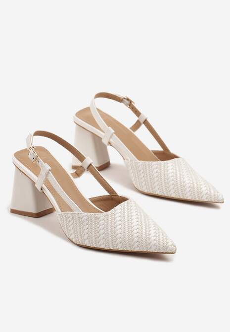 Białe Sandały na Słupku Typu Slingback Ozdobione Plecionką Koralisa