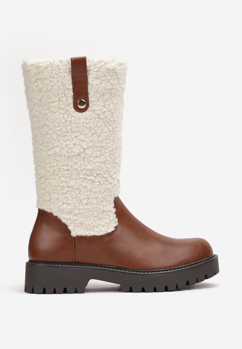 Brązowe Płaskie Botki z Cholewką z Ciepłego Kożuszka Cirillo