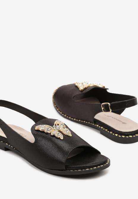 Czarne Sandały Slingback ze Skórzaną Wkładką i Cyrkoniową Aplikacją z Motylem Idirane