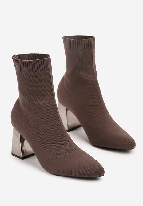 Brązowe Skarpetkowe Botki Vices na Metalicznym Słupkowym Obcasie Widvira