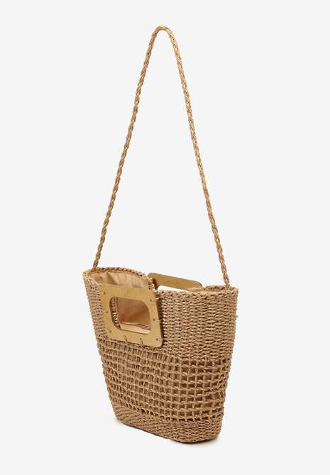 Ciemnobeżowa Pleciona Torebka w Stylu Plażowym z Drewnianymi Uchwytami i Dłuższym Paskiem Rerina