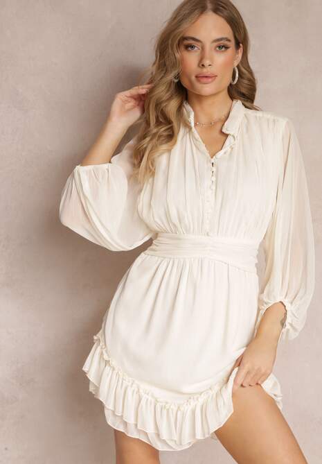 Beżowa Sukienka Mini z Ozdobnymi Guzikami i Rękawem 3/4 Parissa