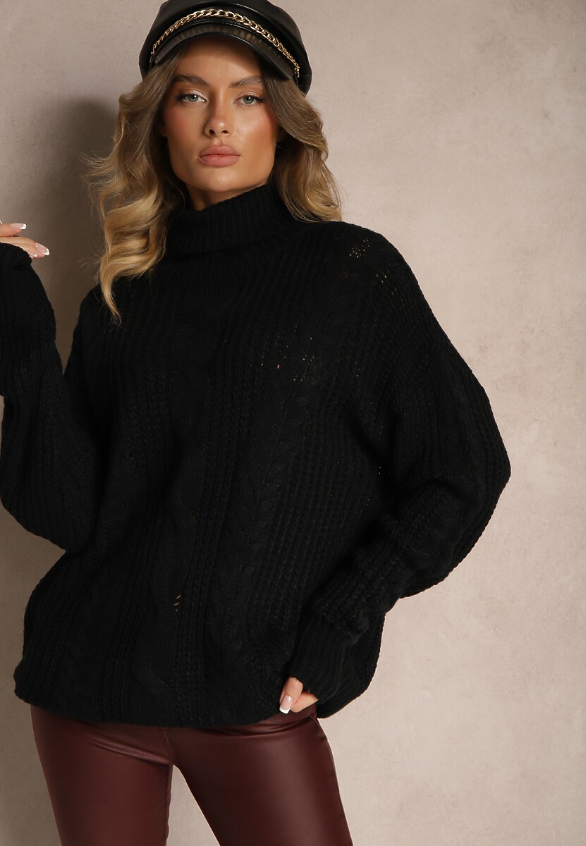 Czarny Golf z Wiskozą w Stylu Oversize z Ozdobnym Splotem Korremi