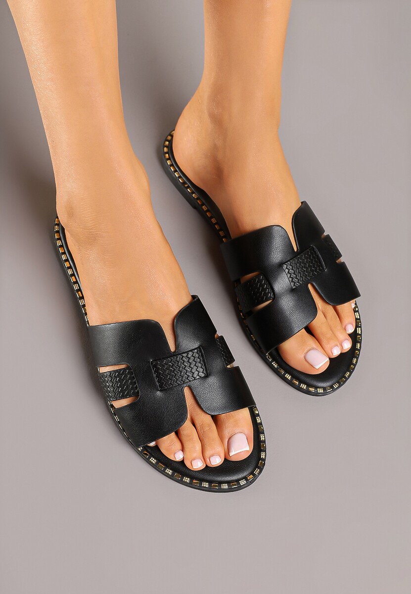 Czarne Klapki Ozdobione Plecionką Mitell