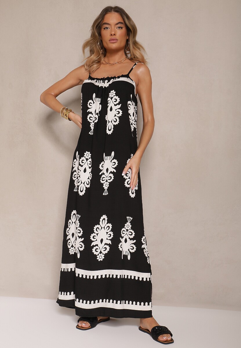 Czarna Rozkloszowana Sukienka na Ramiączkach w Ornamentalny Print Reveleine