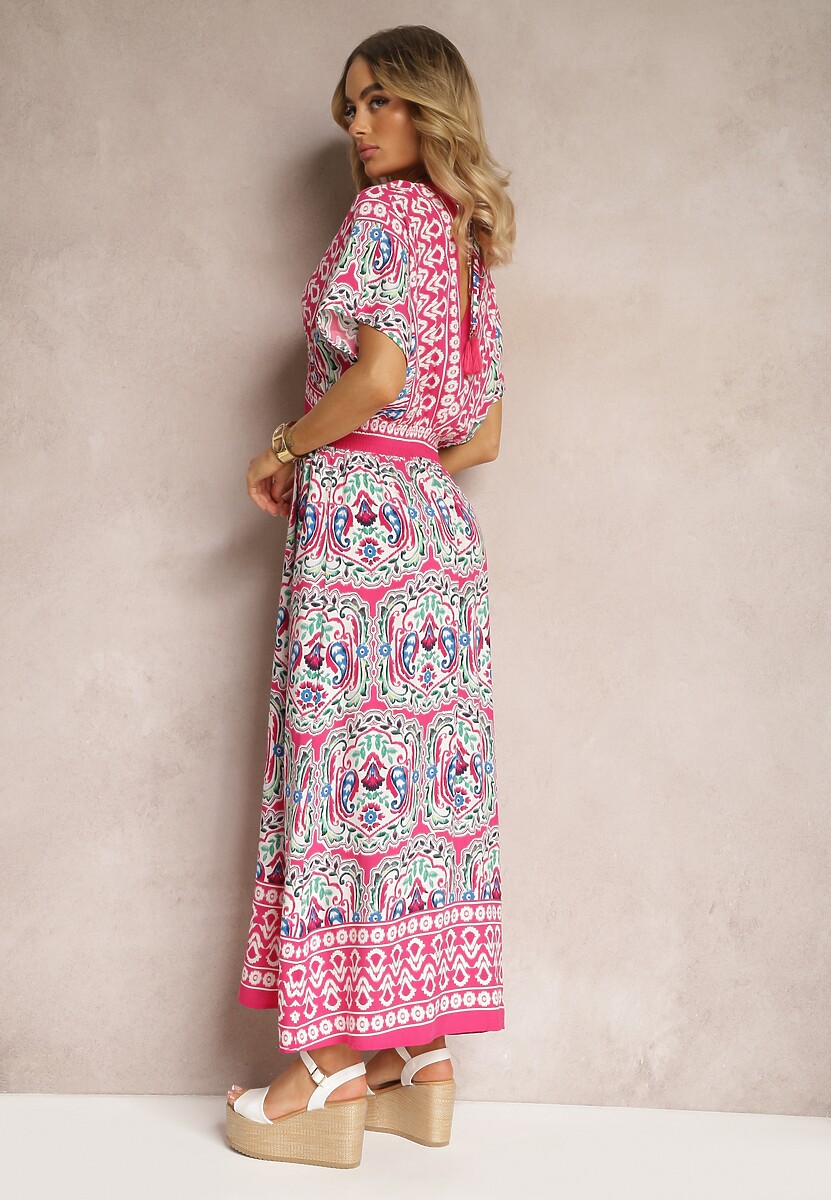 Fuksjowa Wiskozowa Sukienka Boho z Gumką w Pasie i Trójkątnym Dekoltem Casalina