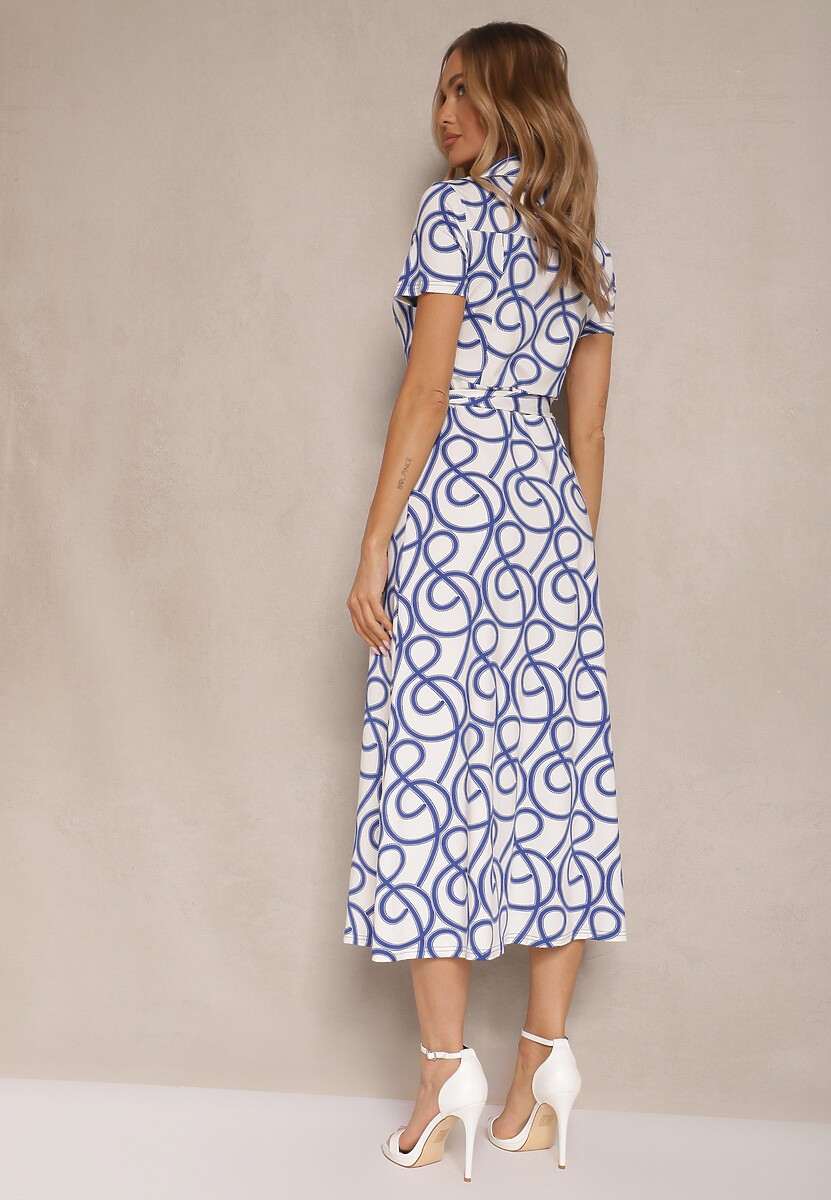 Niebieska Sukienka z Wiskozą o Koszulowym Kroju z Geometrycznym Wzorem Saravione