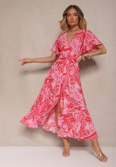 Czerwona Wiskozowa Sukienka w Kwiaty o Kopertowym Kroju z Wiązanym Paskiem Davionisa