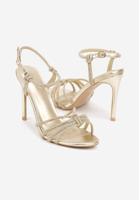 Złote Sandały na Szpilce z Przeplatanymi Paskami z Cyrkoniami Lunafera