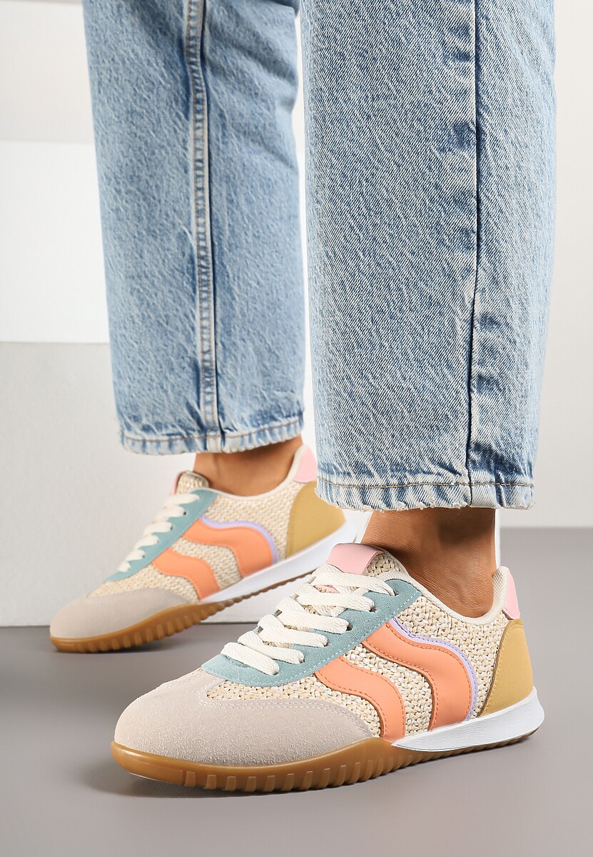 Beżowo-Pomarańczowe Sneakersy z Geometrycznym Motywem i Plecionką Laniffia