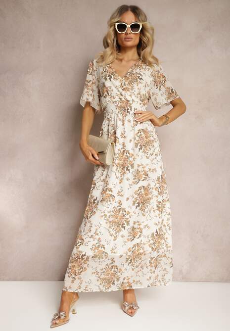 Beżowa Sukienka Kopertowa z Krótkim Rękawem Wiązana z Tyłu z Gumką w Talii Cristola