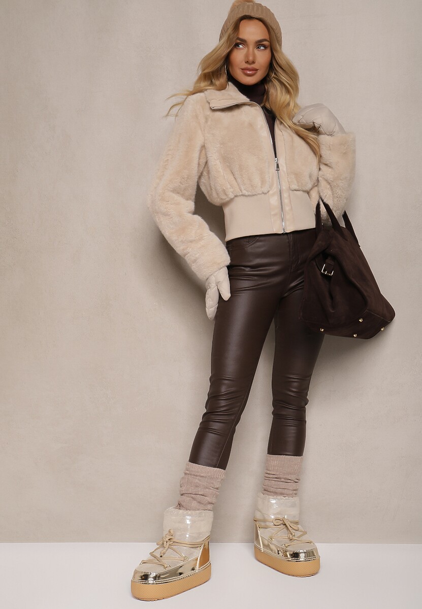 Beżowa Kurtka Futrzana o Krótkim Kroju z Ozdobnym Kołnierzem i Ściągaczem Semiritae