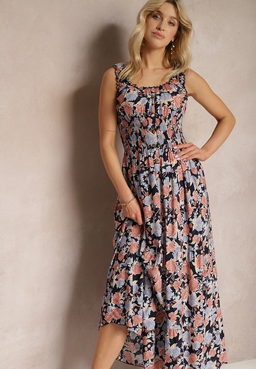 Granatowo-Różowa Kwiecista Sukienka Rozkloszowana z Bawełny na Ramiączkach Kalassia