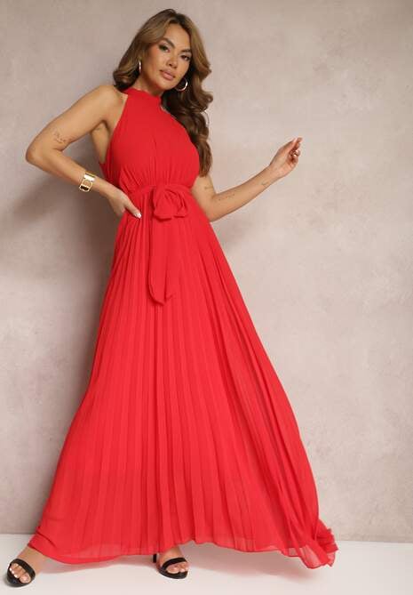 Czerwona Sukienka Maxi bez Rękawów z Gumką w Talii z Plisowanej Tkaniny Pesstia